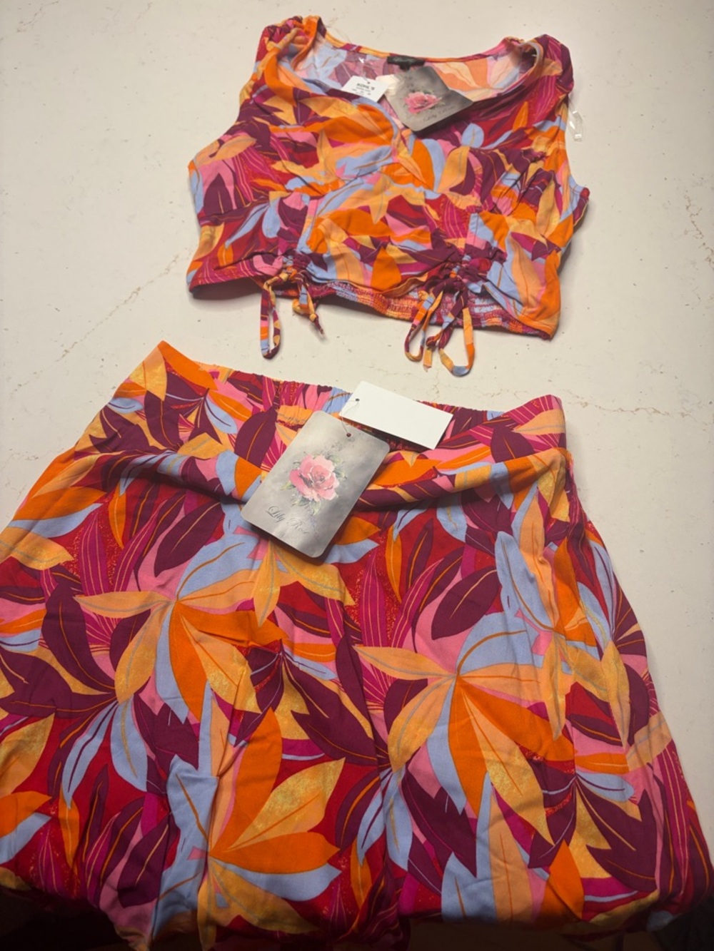 Lily Rose Orange, Purple & Blue Tropical Print Shorts Set - Picture 3 of 3